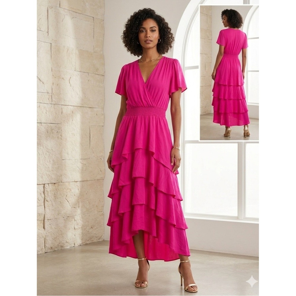 Vince Camuto Bright Fuchsia High-Low Ruffle Wrap Dress